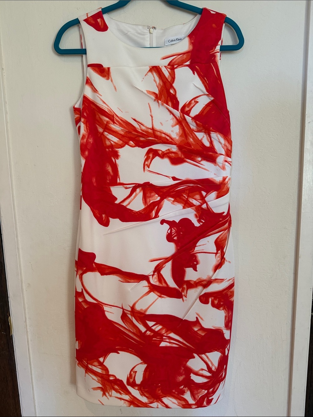 Calvin Klein White Sheath Dress with Red Brushstroke Print